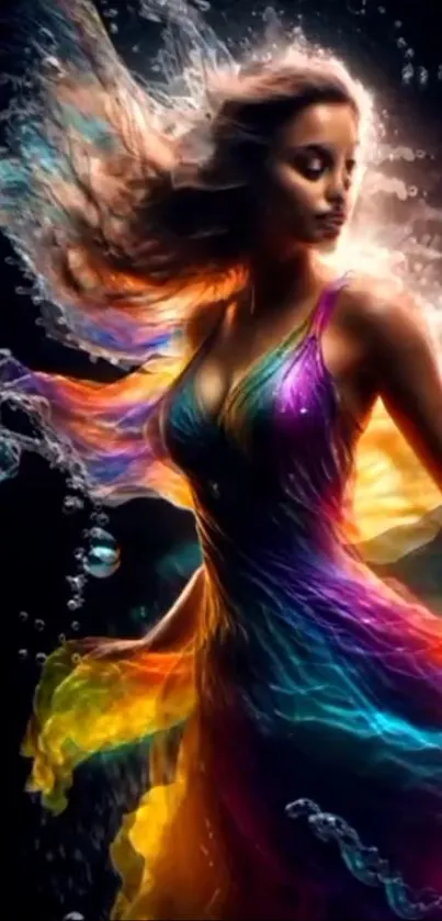 Vibrant artistic figure in colorful underwater dance.