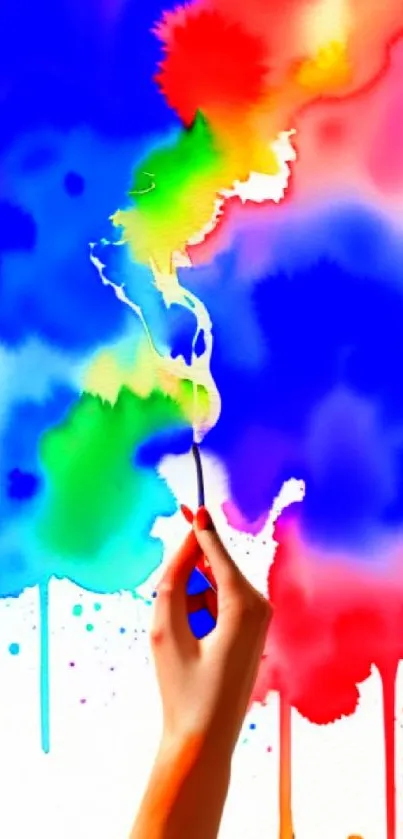 Vibrant artistic watercolor wallpaper with a hand painting colorful splash.