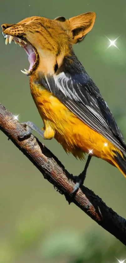 A surreal colorful bird with foliage on a branch, ideal for wildlife wallpaper.