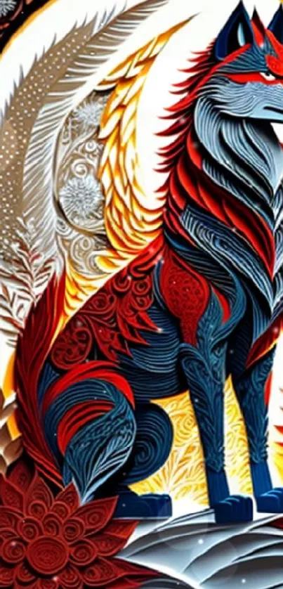 Artistic wolf design with vibrant colors and intricate patterns.