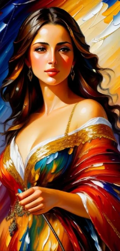 Vibrant painting of a woman with dynamic colors.