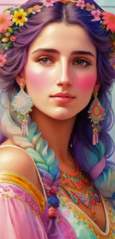 Vibrant portrait of a woman with colorful braided hair and floral crown.