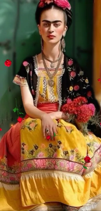 Woman in vibrant traditional dress with floral accents.