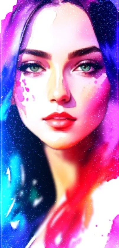 Vibrant artistic wallpaper of a woman with colorful splashes.