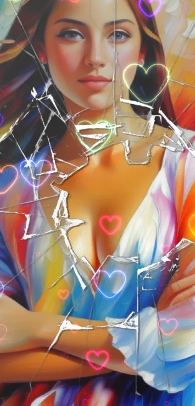 Artistic wallpaper with colorful hearts and abstract female portrait.