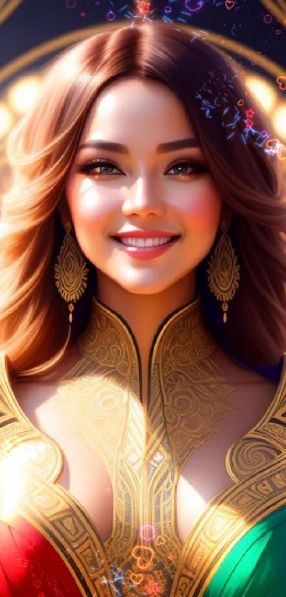 Artistic image of a woman in colorful, ornate attire with a golden backdrop.