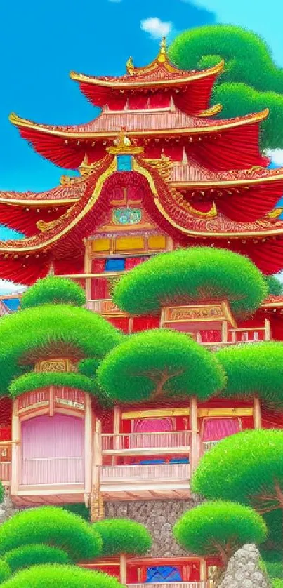 Vibrant Asian pagoda surrounded by lush greenery and sky.