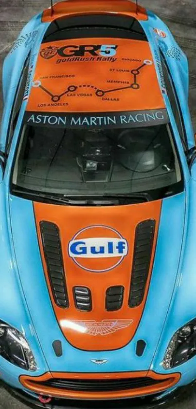 Aston Martin race car with Gulf livery.