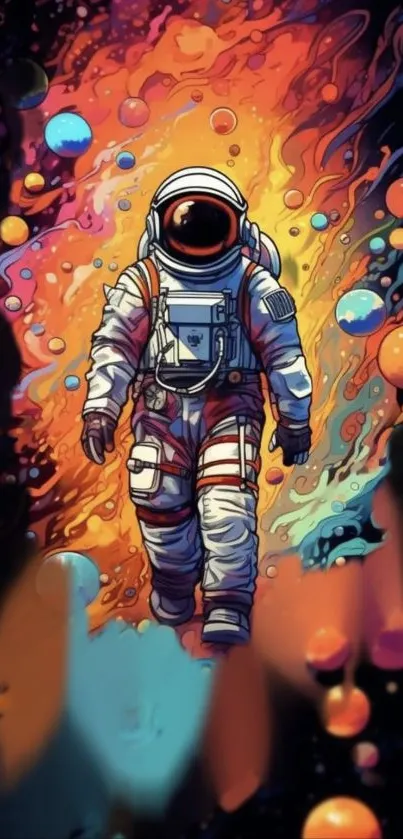 Vibrant astronaut in a multicolor cosmic landscape.