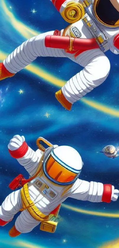 Astronauts floating in colorful space art.