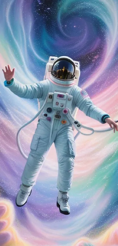 Astronaut floating amidst vibrant cosmic swirls in space art wallpaper.