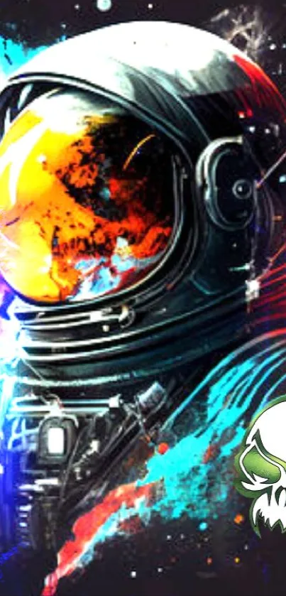 A vibrant astronaut illustration with bold colors on black background.