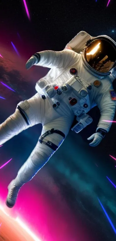 A vibrant neon astronaut floating in space art.