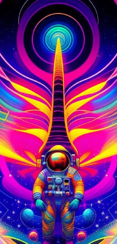 Vibrant neon artwork of an astronaut in space with colorful cosmic elements.