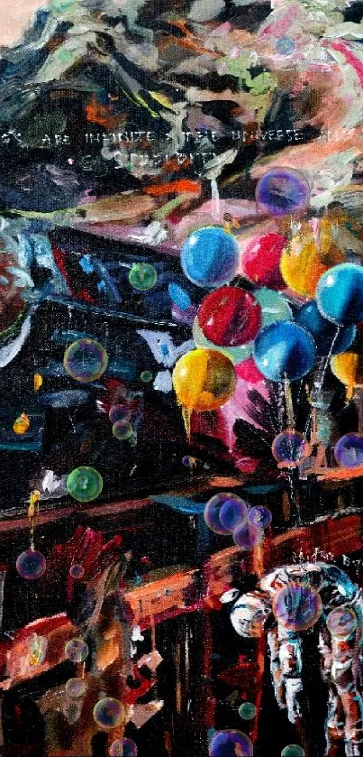 Vibrant astronaut painting with colorful balloons and abstract background.