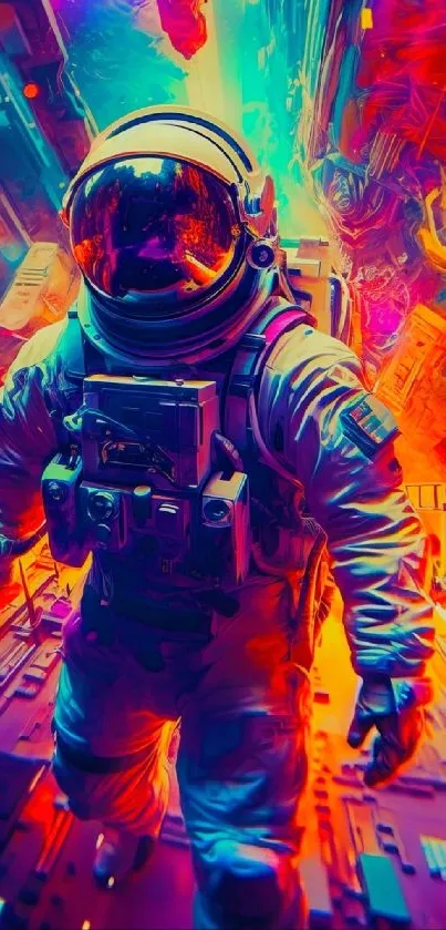 Colorful neon astronaut in space art wallpaper.