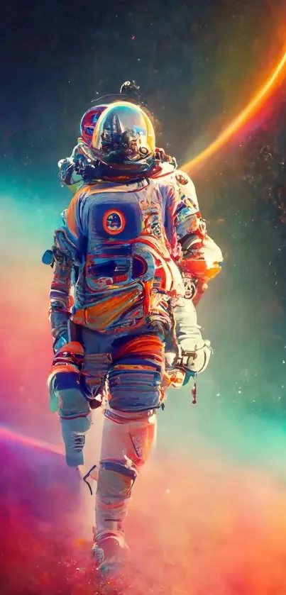 Vibrant astronaut in space with colorful cosmic background.