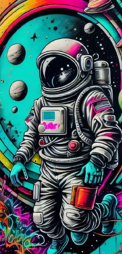 Colorful astronaut in a vibrant cosmic scene for phone wallpaper.