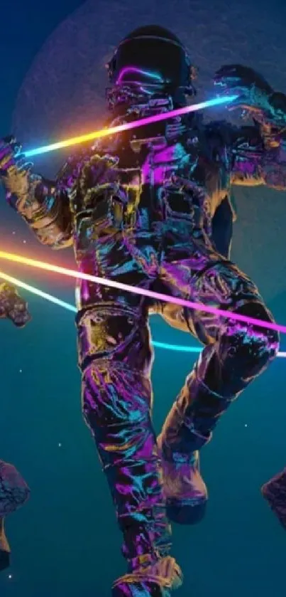 Neon astronaut in space with colorful lights and a moon backdrop.