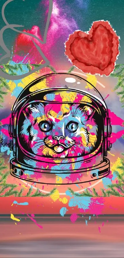 Colorful astronaut cat in surreal galaxy artwork for mobile wallpaper.