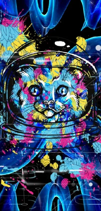 Vibrant astronaut cat with colorful abstract neon design.