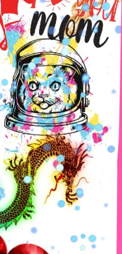 Vibrant wallpaper with astronaut cat and dragon design.