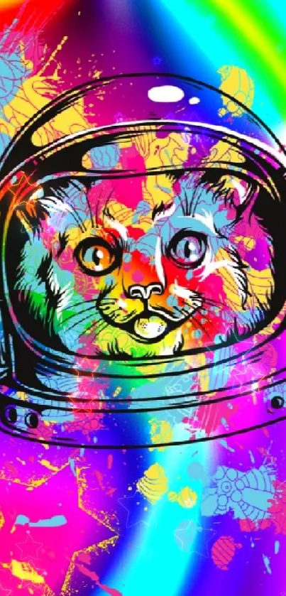 Vibrant, colorful cat astronaut in psychedelic design.