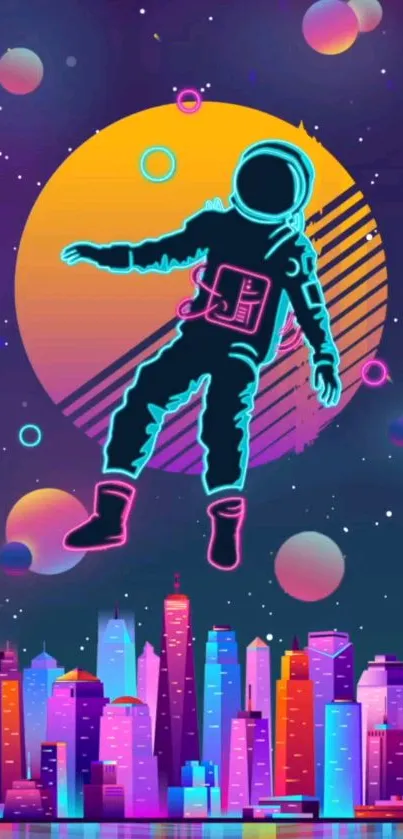 Neon astronaut floats above a vibrant cityscape.