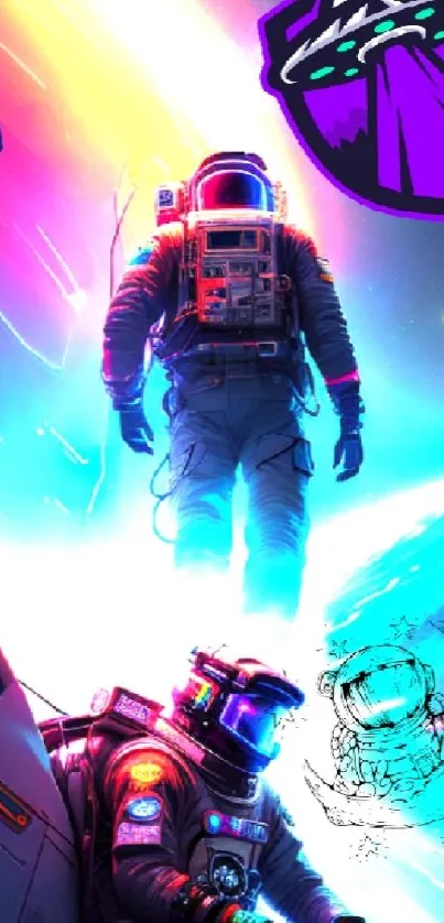 Colorful astronaut wallpaper with vibrant cosmic theme.