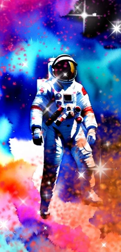 Astronaut floating in colorful cosmic art wallpaper.