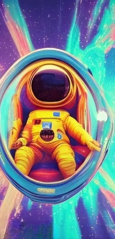 Colorful astronaut in abstract cosmic space.