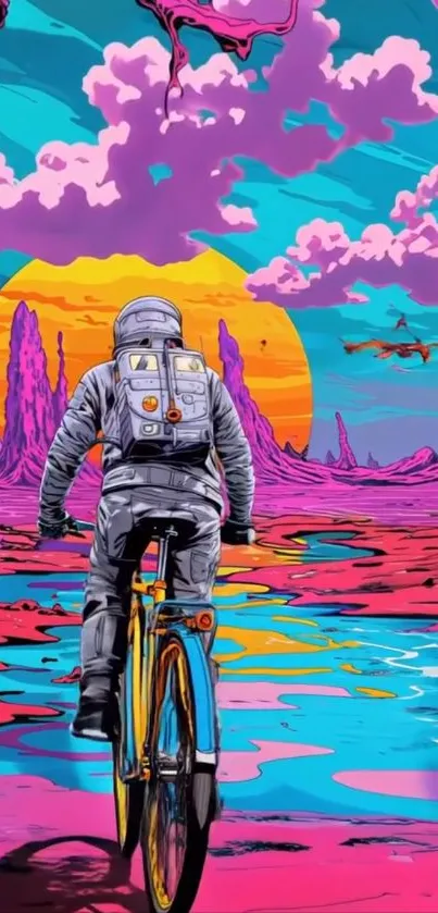 Astronaut cycling through vibrant alien landscape.