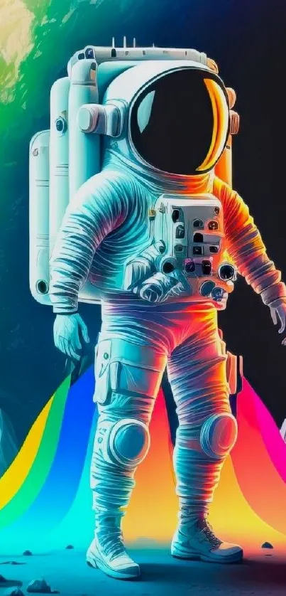 Astronaut in a colorful abstract space scene wallpaper.