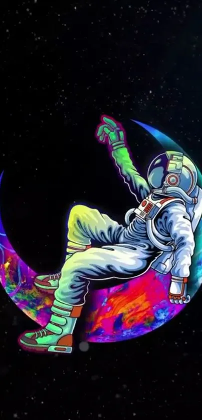 Colorful astronaut floating against galaxy-inspired background.