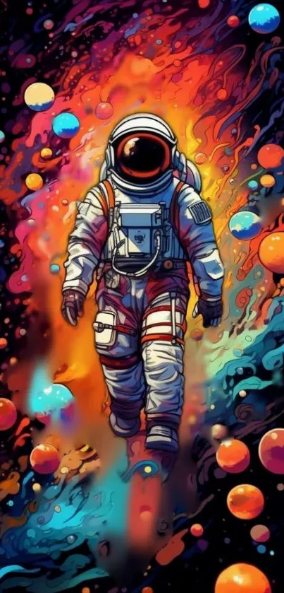 Colorful astronaut art with cosmic theme and vibrant galactic colors.