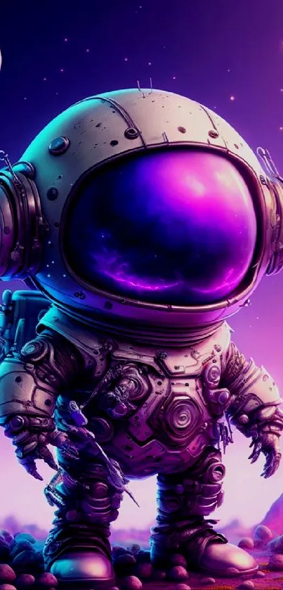 Astronaut in vibrant purple-pink cosmic setting.