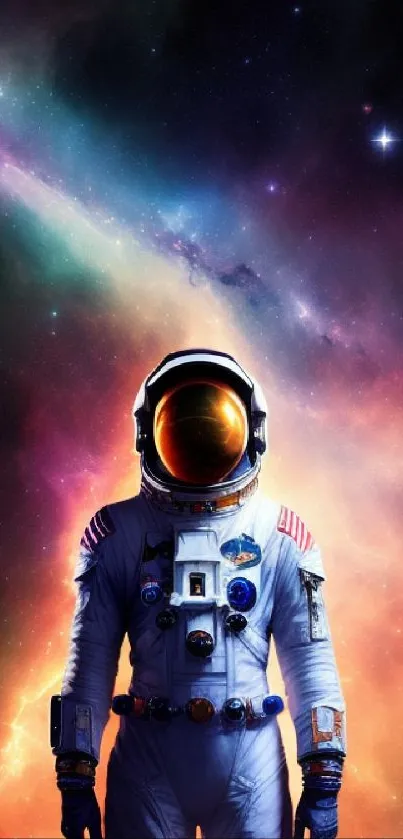 Astronaut standing against a vibrant, colorful galaxy background.