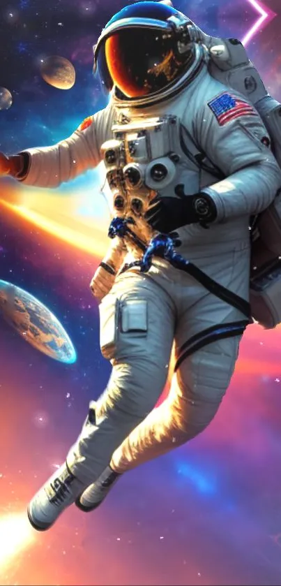 Astronaut floating in colorful galaxy wallpaper with planets.