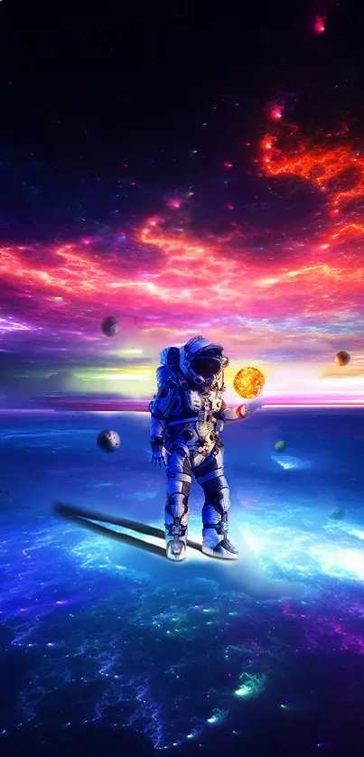 Astronaut holding a glowing orb in a vibrant galaxy background.