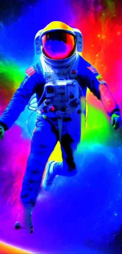 Colorful astronaut in a vibrant galaxy background.