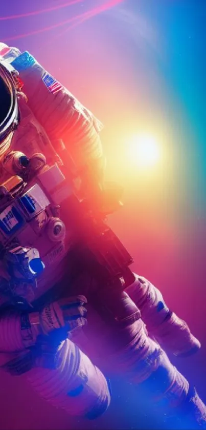 Astronaut floating in a colorful galaxy with vibrant lights and cosmic scenery.