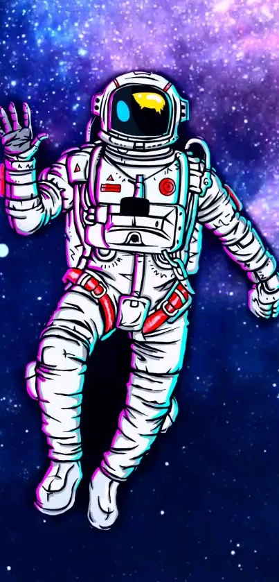 Vibrant astronaut floating in cosmic space with a colorful galaxy background.