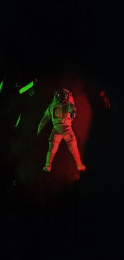 Astronaut in space with vibrant red glow against black background.