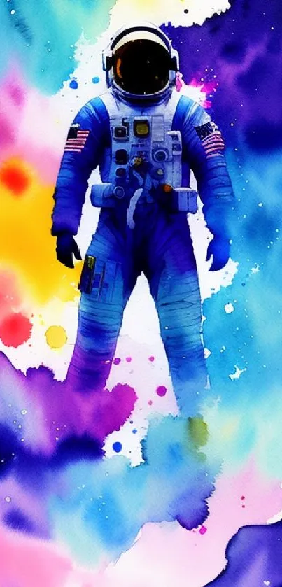 Colorful astronaut floating in space with vibrant watercolor background.