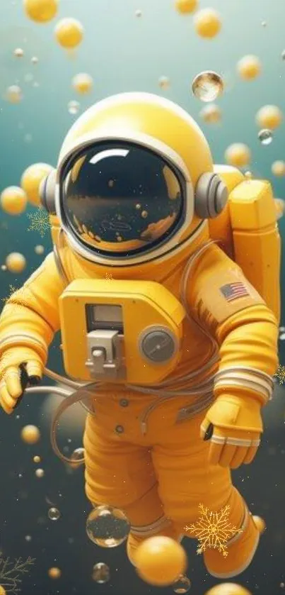 Yellow-suited astronaut floating among orbs in space.