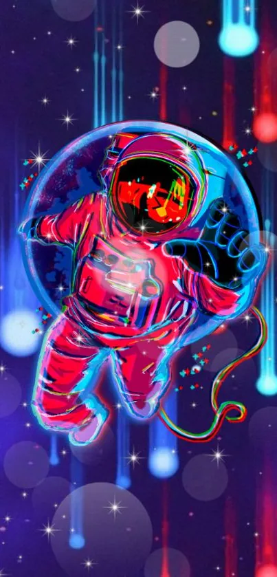 Colorful neon astronaut floating in space with stars and cosmic background.