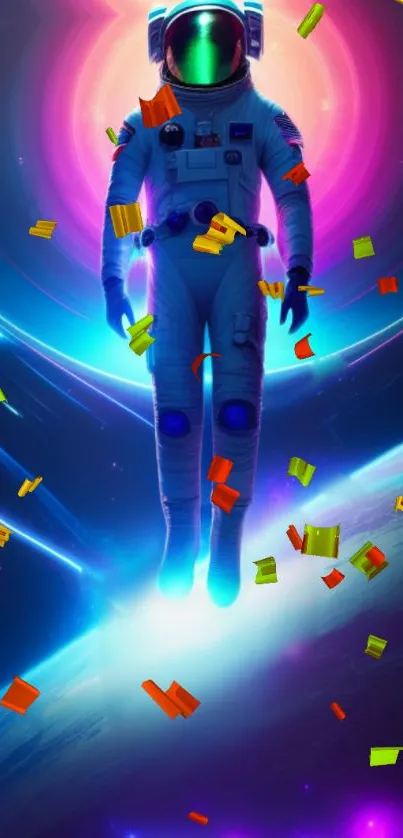 Astronaut floating in glowing, colorful space.