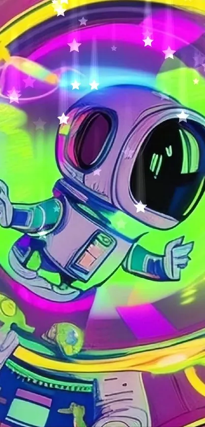 Colorful neon astronaut floating in space wallpaper.