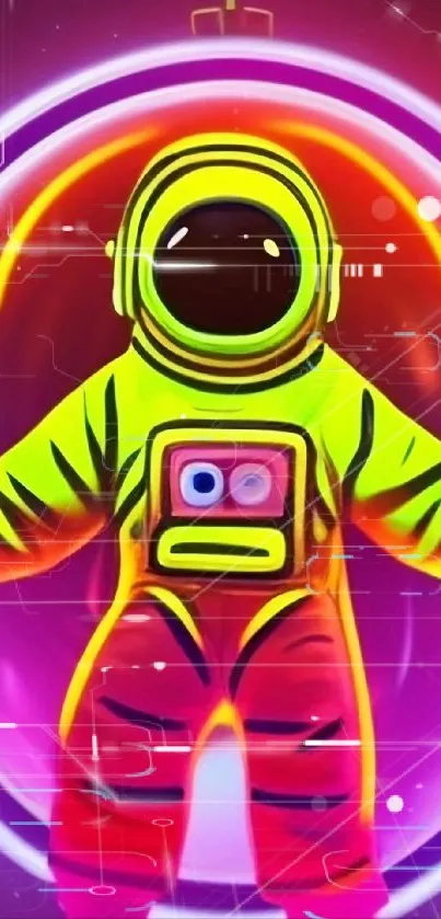 Neon astronaut with vibrant colors in space-themed mobile wallpaper.