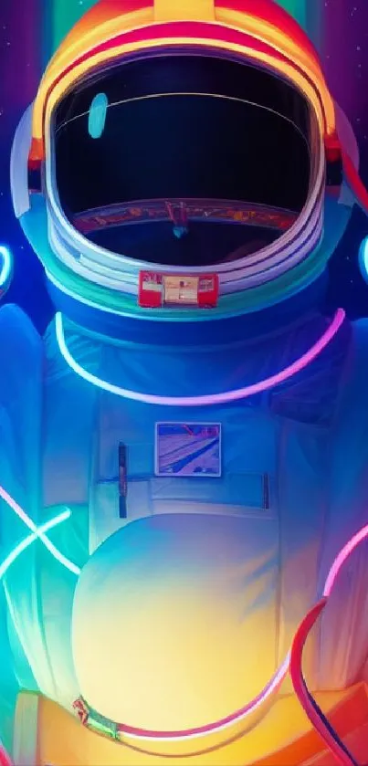 Colorful astronaut in neon lights with a cosmic background.